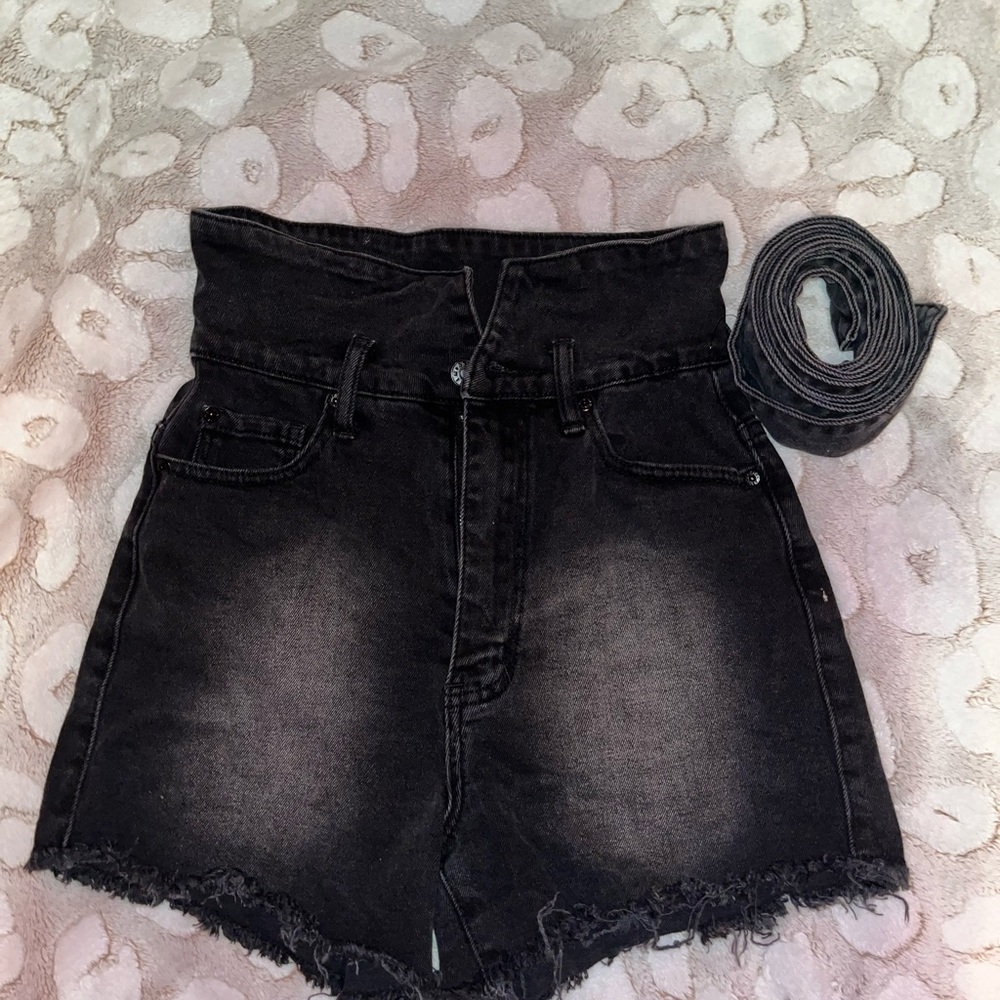 Black distressed denim shorts